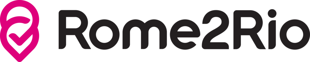 Rome2Rio logo featuring a pink location pin symbol next to the text "Rome2Rio" in black.
