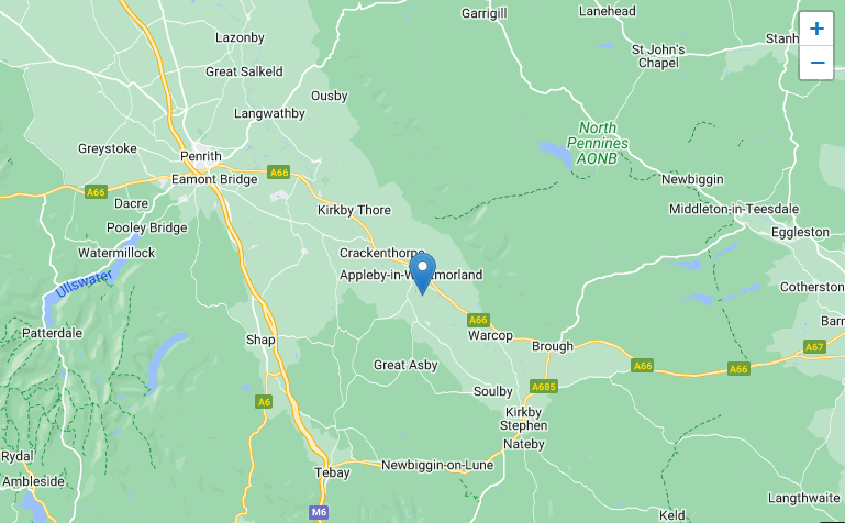 Map displaying Appleby-in-Westmorland, United Kingdom, pinpointed in the centre amidst surrounding towns and roads.