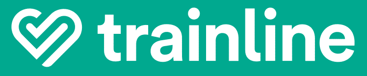 Trainline logo with a green background, white heart and arrow icon, and the brand name in lowercase white letters.